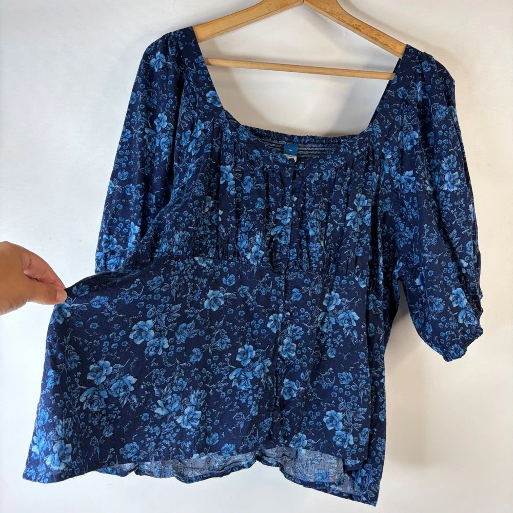 Old Navy Blouse Women XXL Blue Floral Square Neck Smocked Back Puff Sleeve